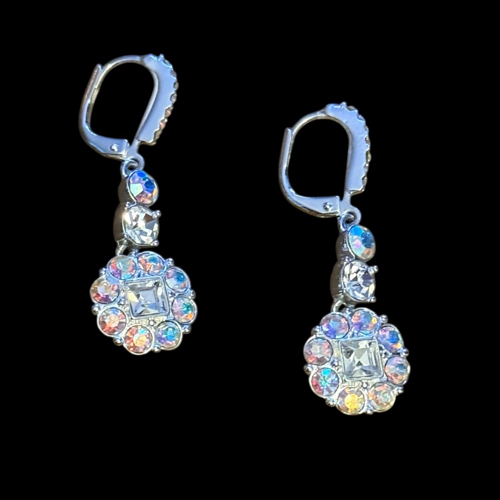 Givenchy silver tone aurora borealis crystal flower drop earrings
